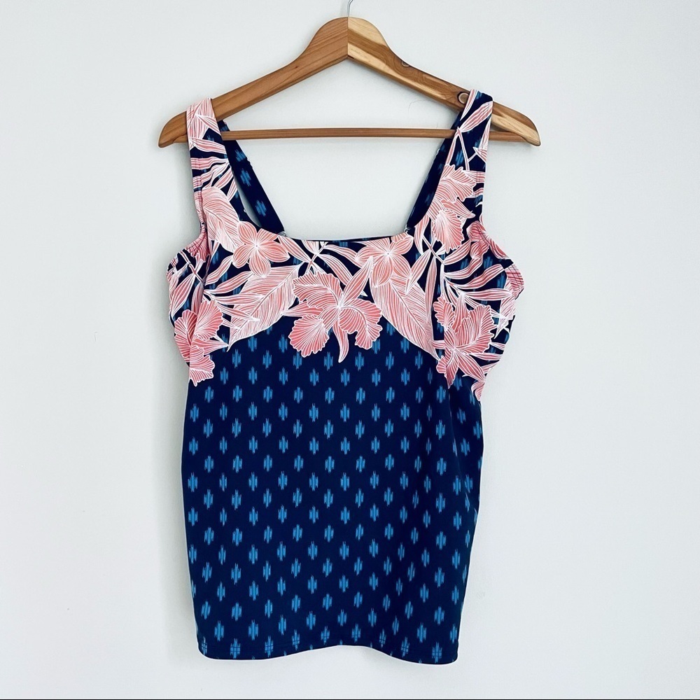 Lands’ End Tankini Swim Suit Top Navy Blue Orange White Floral 16D 16 F